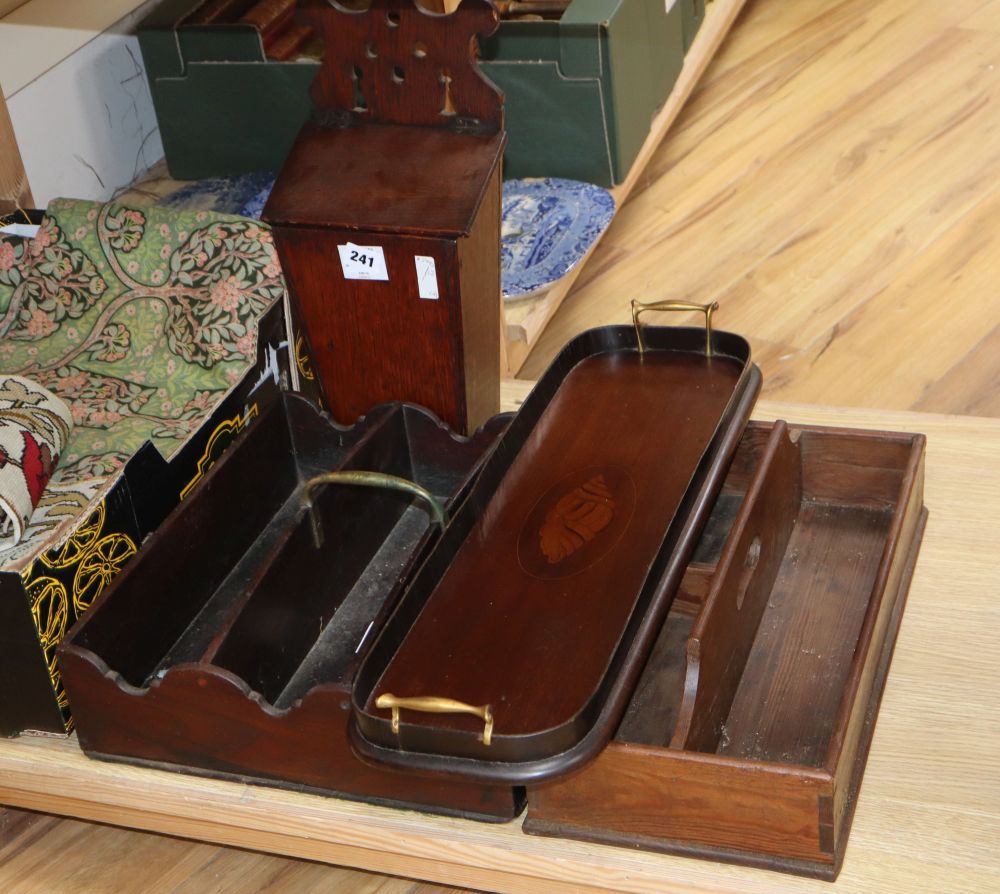 An oak candle box, height 42cm, two cutlery boxes and an oval tray